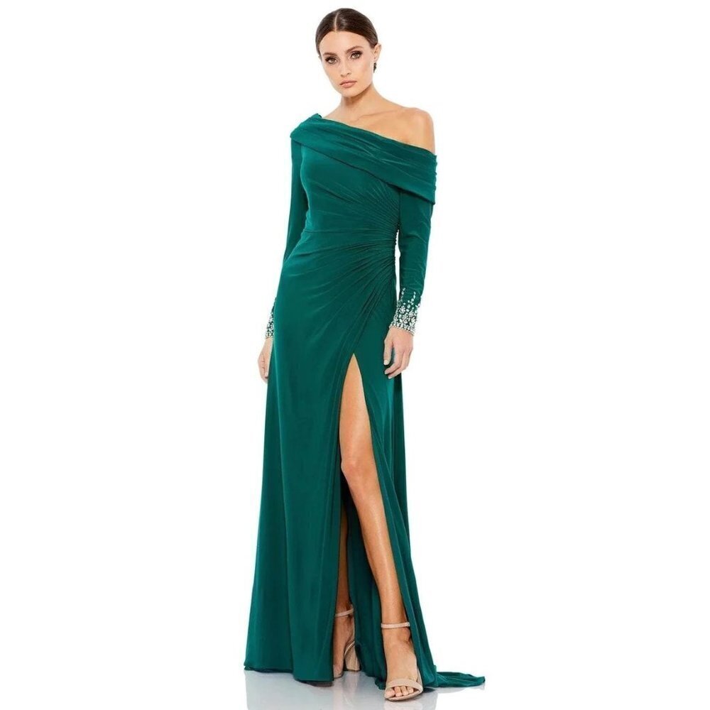 MAC DUGGAL Maxi Gown Dress Green Beaded Cuff Off Shoulder Jersey Stretch Size 10